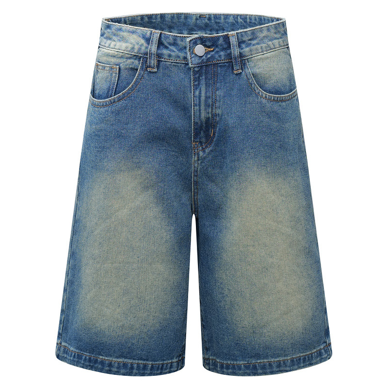 New retro blue jeans washed and used personalized loose five-point pants American jeans mid-trousers summer